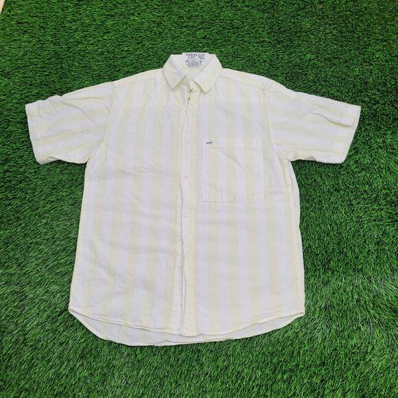 Vintage 90s GUESS Stripes Button Shirt Womens L 21x29 White Yellow - Picture 1 of 13